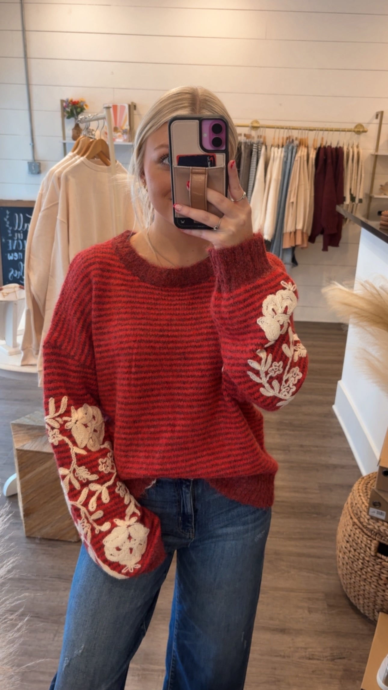 Floral Embroidered Red Sweater
