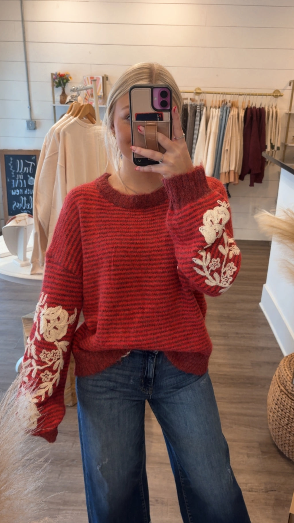 Floral Embroidered Red Sweater