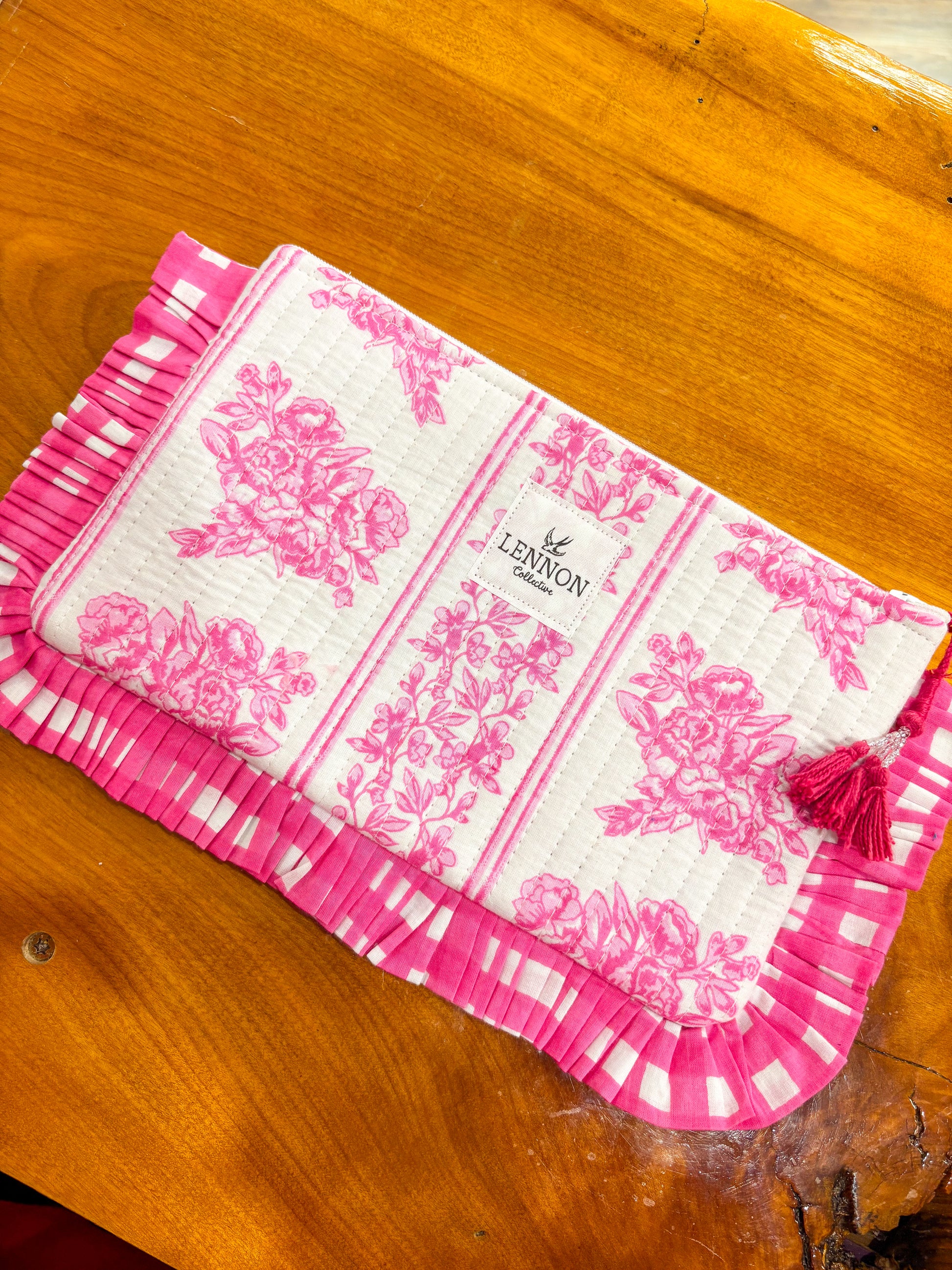 Pink Toile Ruffle Pouch