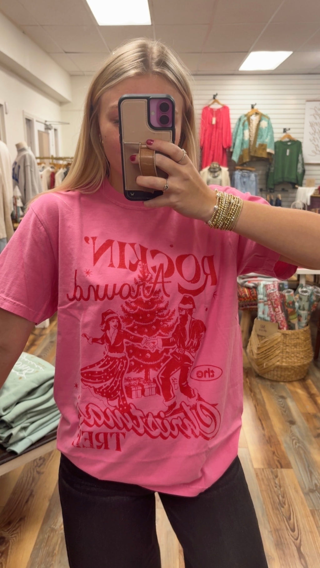 Rocking Around The Christmas Tree Pink Graphic Tee