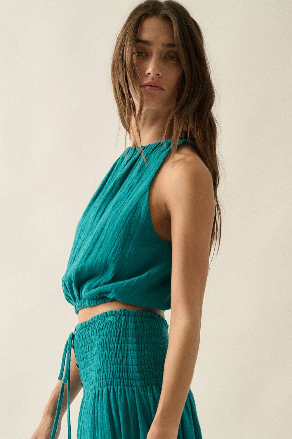 Cotton Gauze Gathered Sleeveless Cropped Halter Top