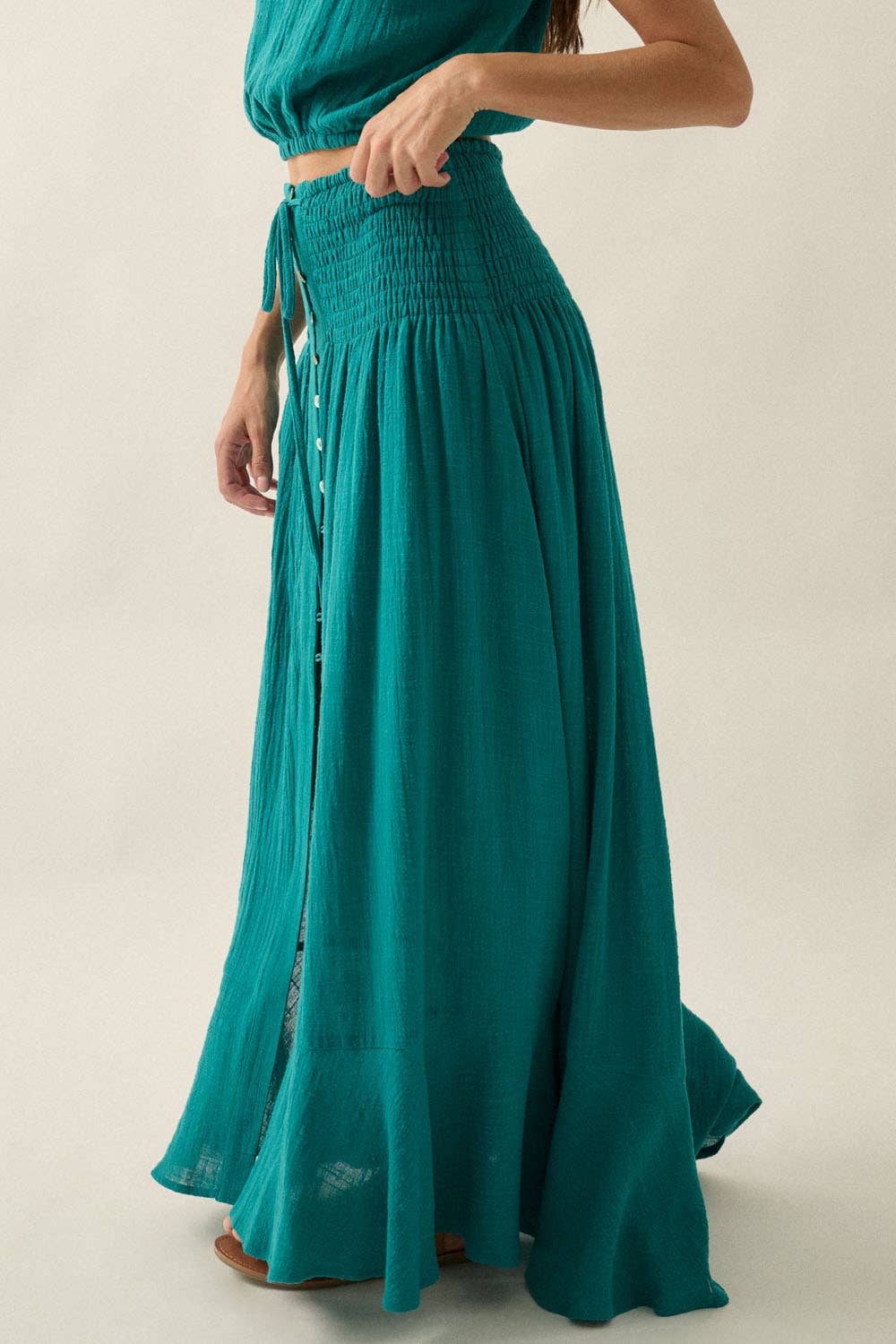 Cotton Gauze Smocked-Drop Waist Button-Front Maxi Skirt