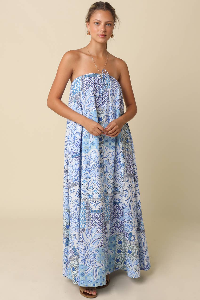 Blue Clover Tile Strapless Maxi Dress