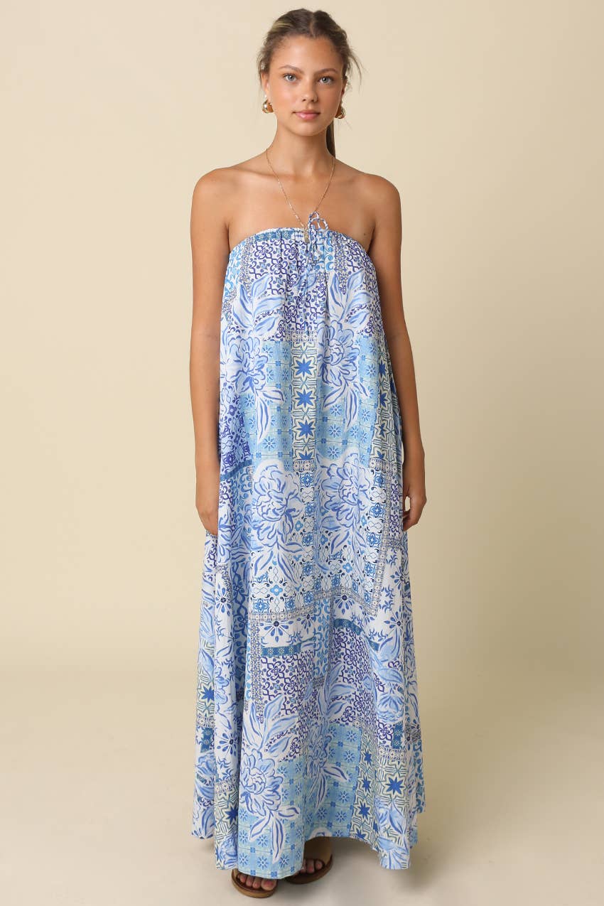 Blue Clover Tile Strapless Maxi Dress