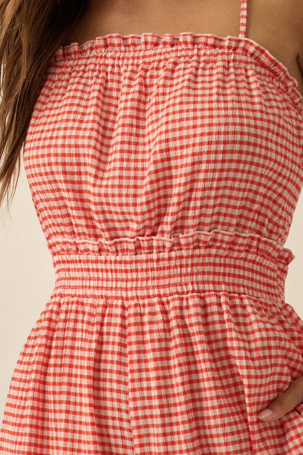 Gingham Plaid Open-Back Bubble-Leg Cami Jumpsuit