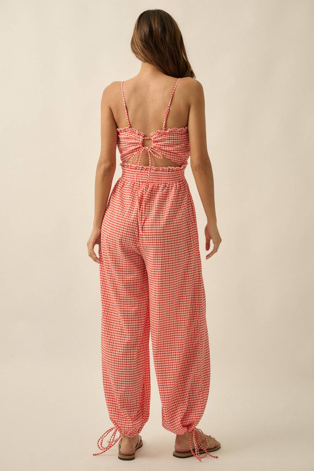 Gingham Plaid Open-Back Bubble-Leg Cami Jumpsuit