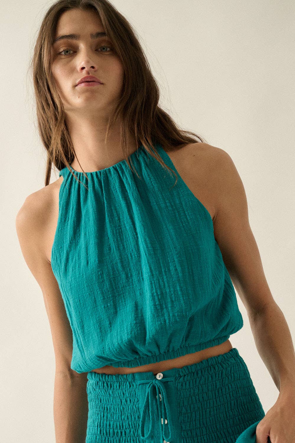 Cotton Gauze Gathered Sleeveless Cropped Halter Top